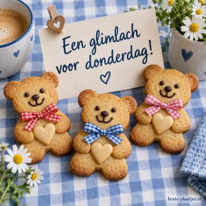 Drie teddybeer-koekjes met strikjes op een blauw geruite ondergrond.