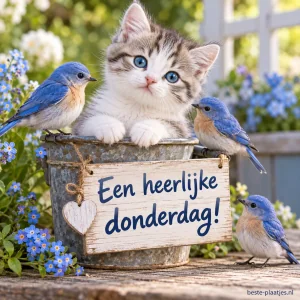 Een kitten met blauwe ogen zit in een pot naast kleine blauwe vogels.