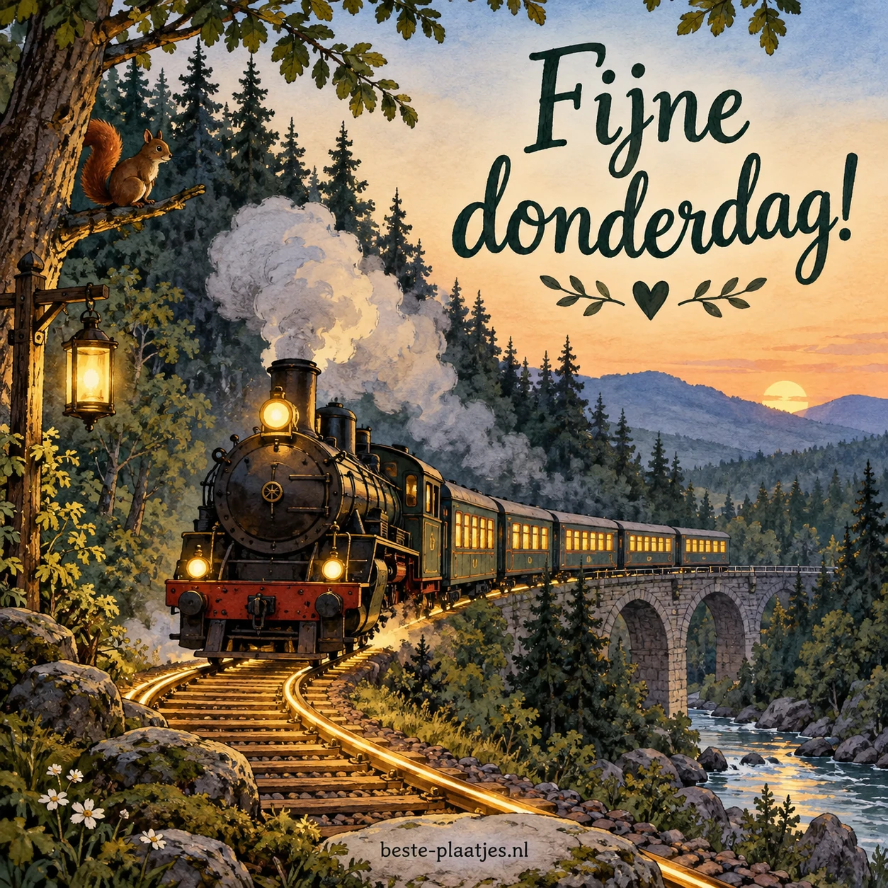 Een stoomtrein rijdt door een bos met geel verlichte rails.