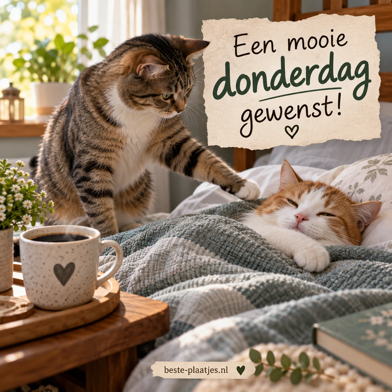 Een kat tikt een slapende kat aan op een bed naast een kop koffie.