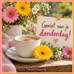 Witte kop en schotel met gele bloem, omlijst met roze en gele rand en kleurrijke bloemen.