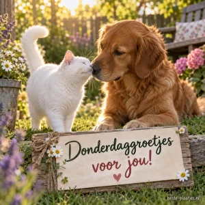 Een witte kat en een bruine hond snuffelen liefdevol aan elkaar in een zonovergoten tuin. Fijne donderdag!.