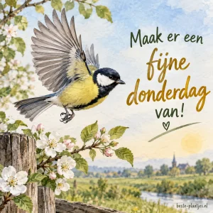 Prachtige koolmees met wapperende vleugels, vol verwachting voor de vrije dagen.