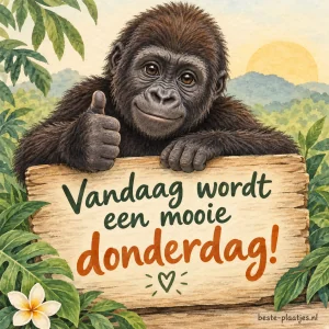 Een jonge gorilla steekt zijn duim omhoog achter een houten bord.