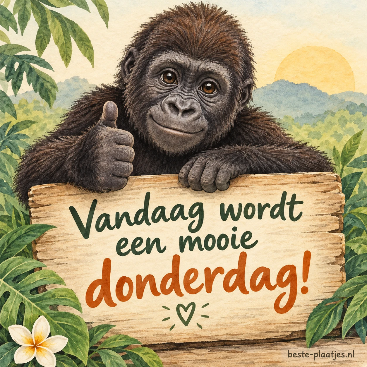 Een jonge gorilla steekt zijn duim omhoog achter een houten bord.