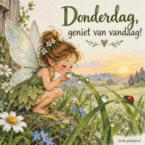 Een lief elfje snoept dauwdruppels van gras.