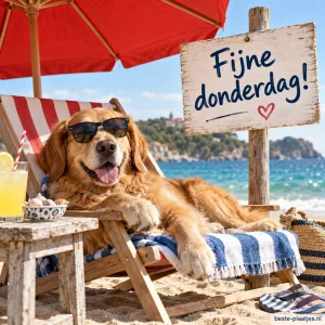 Een hond met zonnebril ligt onder een rode parasol op een strandstoel.