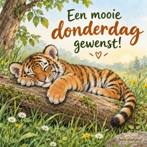 Een slapende tijgerwelp rust op een boomstam in het gras.