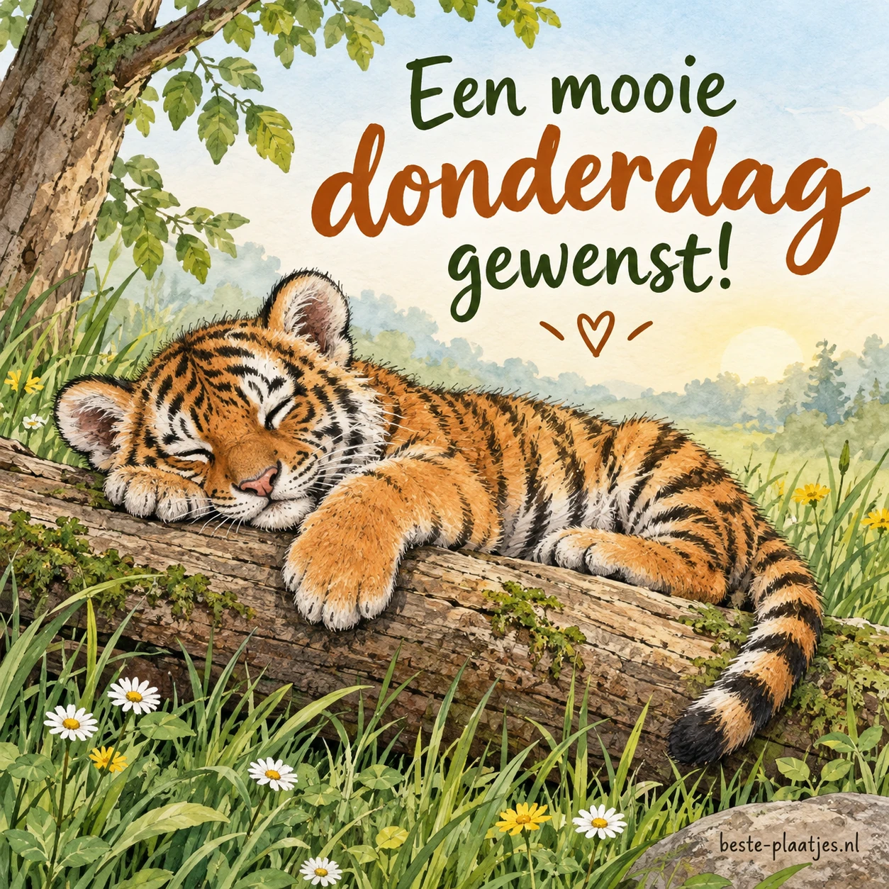 Een slapende tijgerwelp rust op een boomstam in het gras.