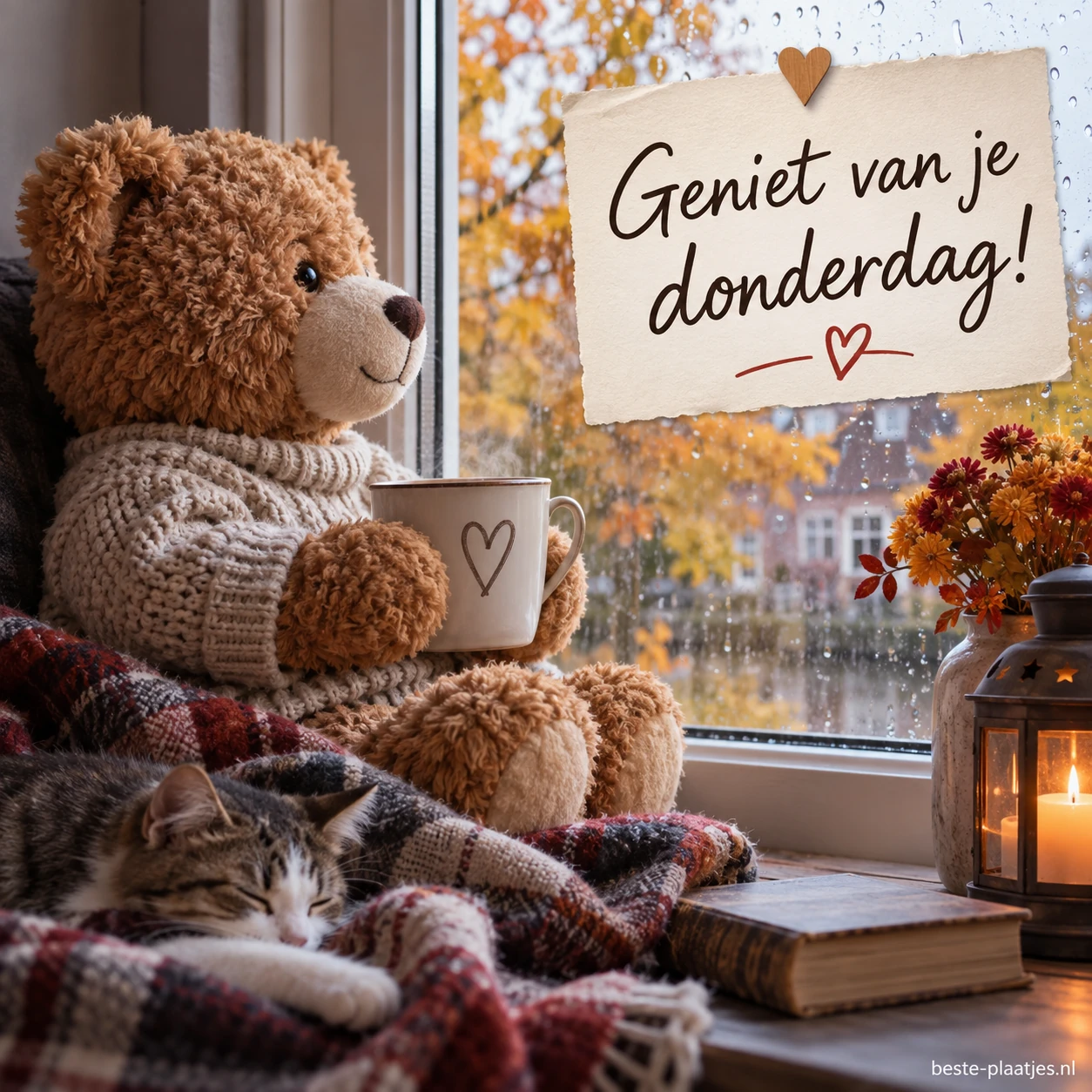 Een teddybeer met een mok kijkt door het raam naar een regenachtig straatje.