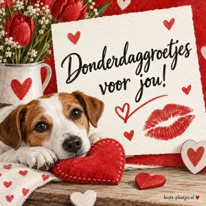 Een hond ligt naast rode hartjes en een lippenstiftafdruk op een lichte kaart.