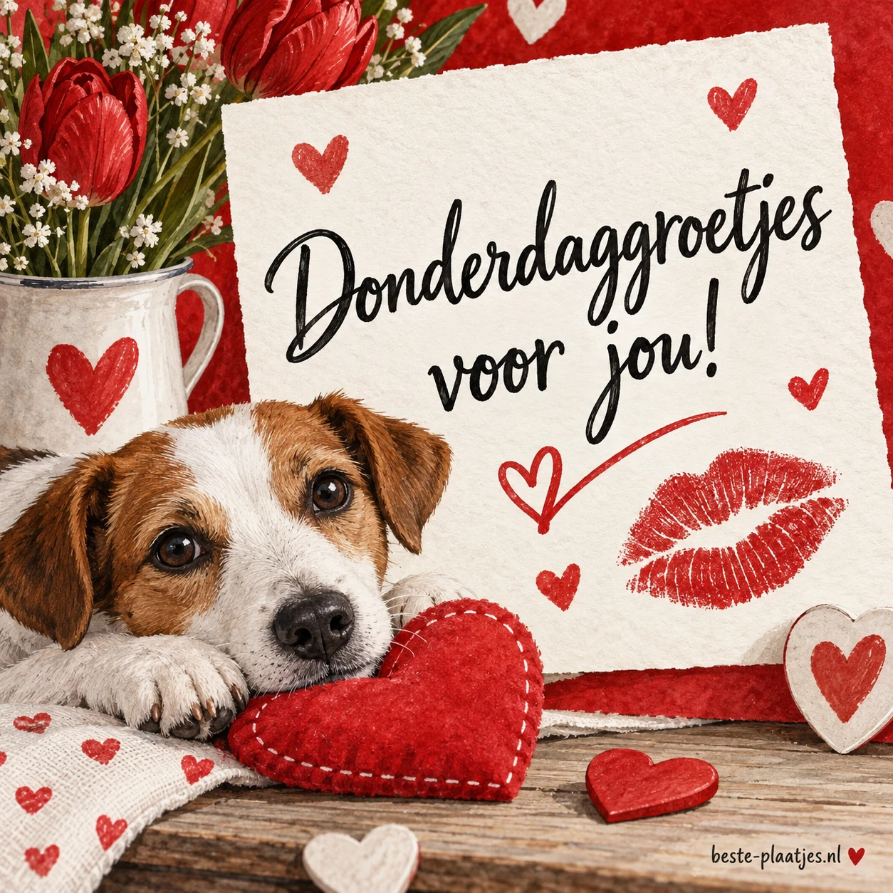 Een hond ligt naast rode hartjes en een lippenstiftafdruk op een lichte kaart.