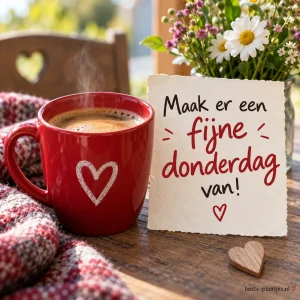 Een rode mok met een wit hart staat naast een bord met een donderdagwens en een vaas bloemen.