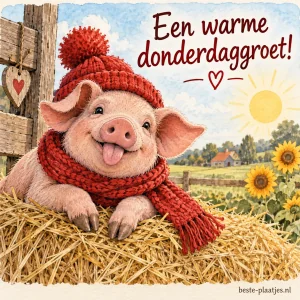 Een varken met een rode muts en sjaal steekt zijn tong uit boven een baal hooi.