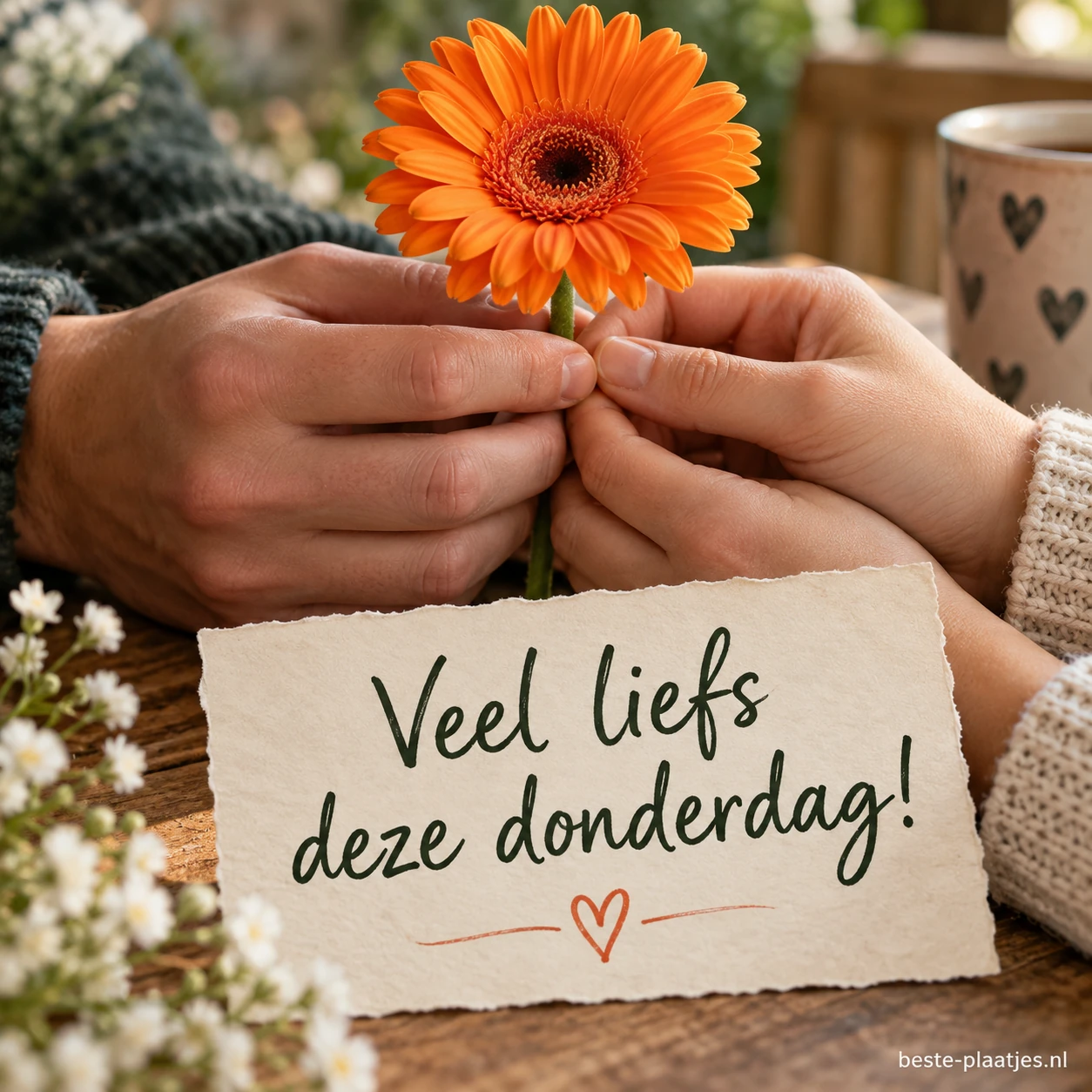 Twee handen houden een oranje bloem vast.
