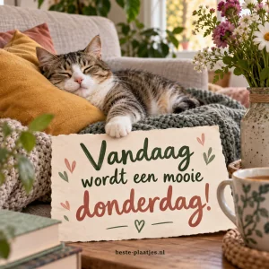 Een kat slaapt op een bank tussen zachte kussens en een warme deken.
