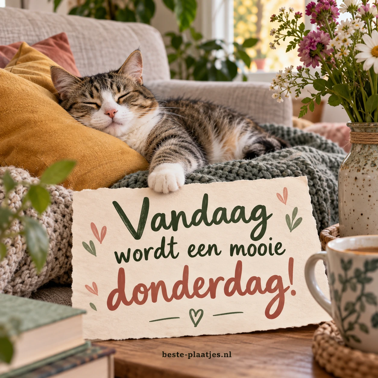Een kat slaapt op een bank tussen zachte kussens en een warme deken.