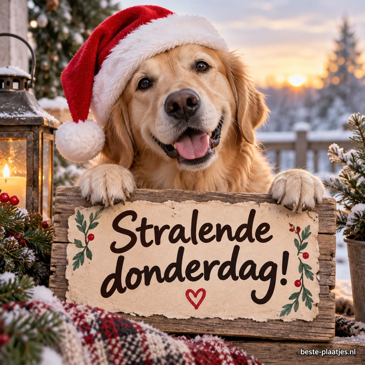 Een hond met kerstmuts zit in een winters decor.