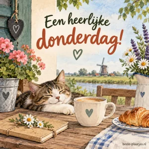 Een kat slaapt naast een croissant en een mok bij een raam met uitzicht op het platteland.