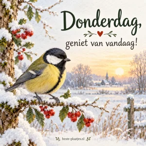Een koolmees zit op een besneeuwde tak met rode bessen.