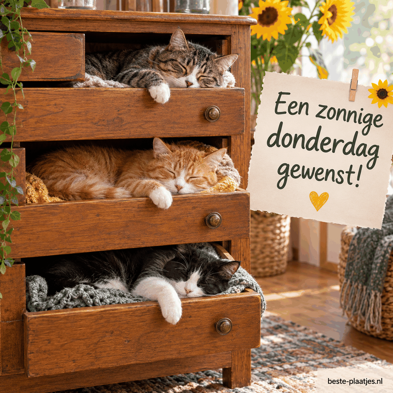 Drie katten genieten van een welverdiende rust in hun unieke stapelbedden.