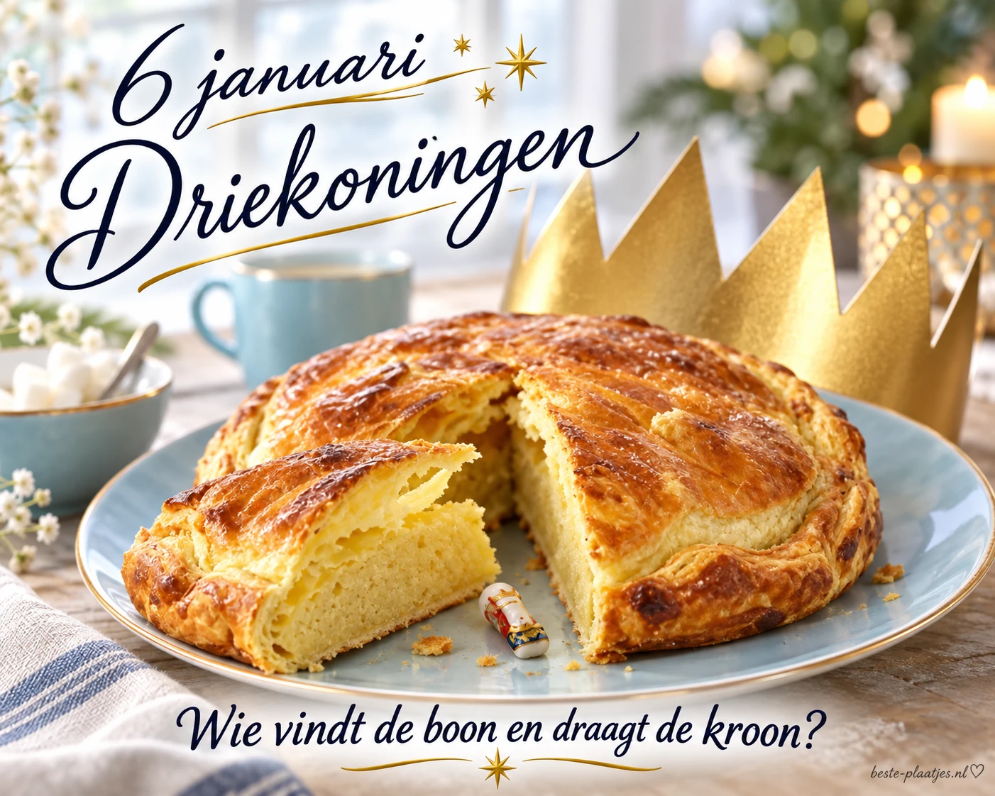 Een koningentaart met een papieren kroon viert de traditie van Driekoningen.