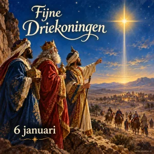 Drie wijzen volgen een heldere ster boven een woestijnkaravaan.