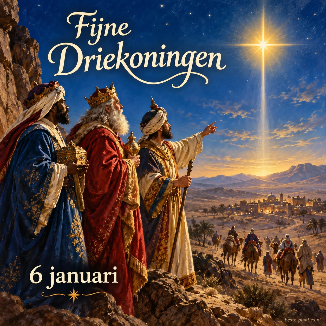 Drie wijzen volgen een heldere ster boven een woestijnkaravaan.
