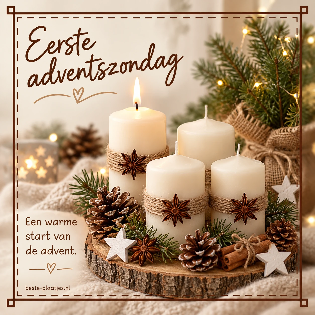 Crèmekleurige kaarsen met steranijs, dennenappels en houten sterren geven advent een warme start.