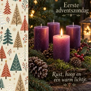 Paarse adventskaarsen op mos naast een kerstboompatroon brengen een rustige adventsgroet.