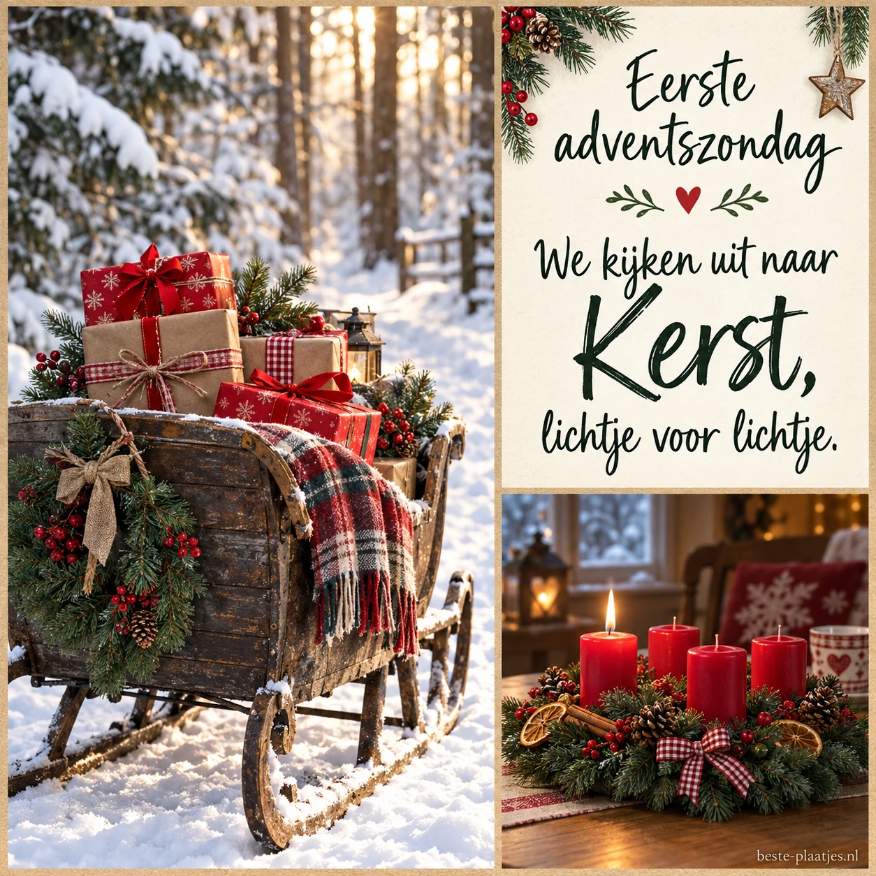 Een collage met een slee vol cadeaus en adventskaarsen brengt winterse verwachting samen.