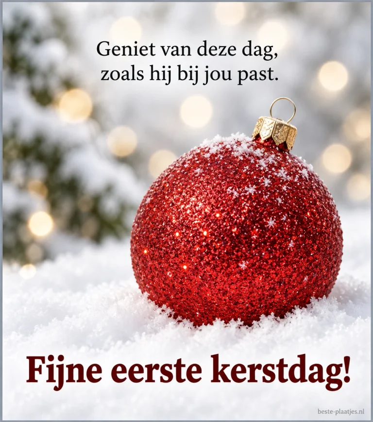 Een rode kerstbal op witte sneeuw brengt een persoonlijke wens voor eerste kerstdag.