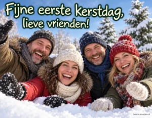 Vier vrienden in de sneeuw brengen een hartelijke wens voor eerste kerstdag.
