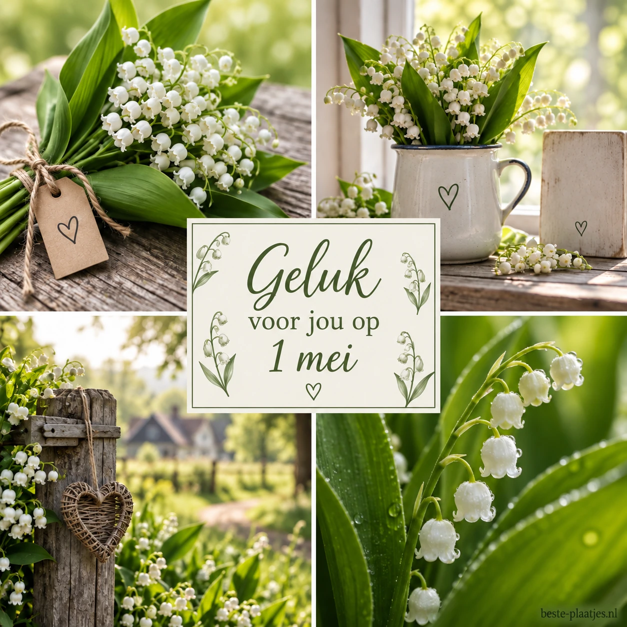 Een vierdelige collage toont boeketjes meiklokjes, een raam en een bloementuin. Een vierdelige collage toont boeketjes meiklokjes, een raam en een bloementuin.