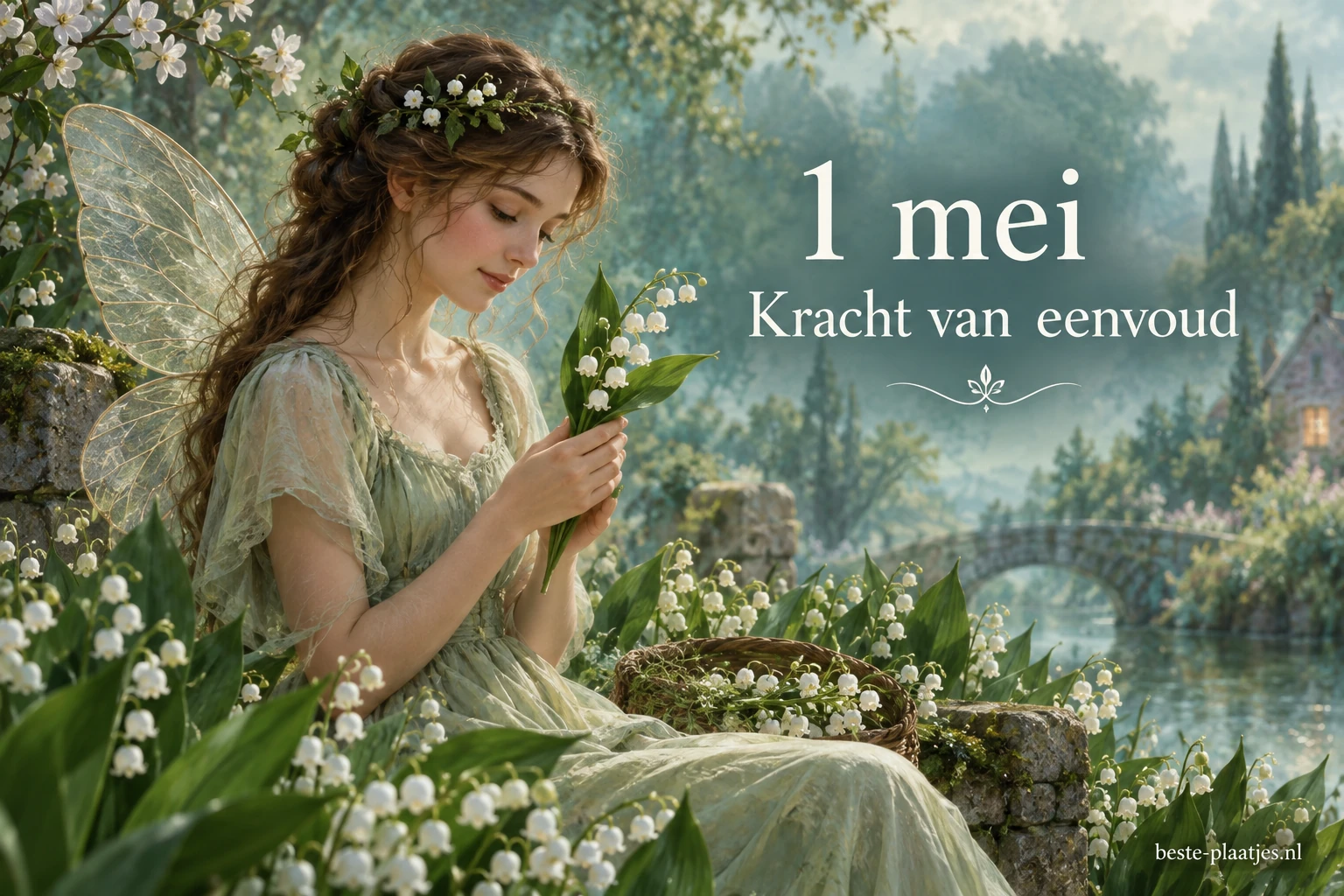 Een vrouw met tere vleugels houdt bij een meer een takje meiklokjes vast. Een vrouw met tere vleugels houdt bij een meer een takje meiklokjes vast.