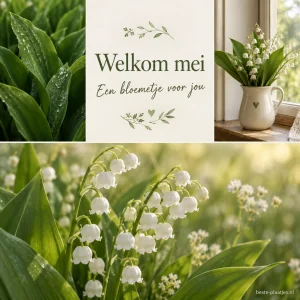 Een groene collage toont meiklokjesbladeren, een vaas bij het raam en een bloemenveld.