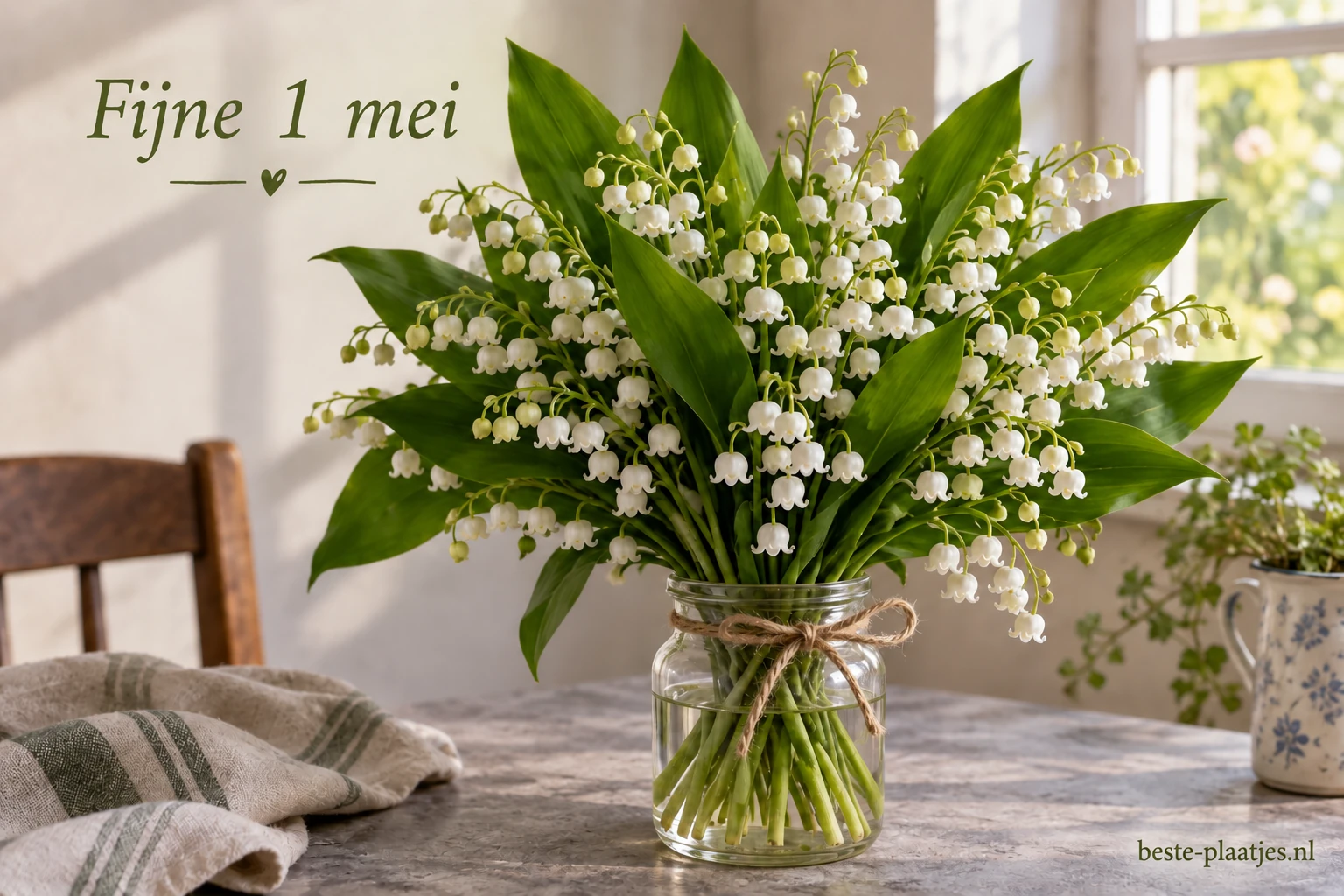 Een groot boeket meiklokjes staat in een glazen vaas op een stenen tafel. Een groot boeket meiklokjes staat in een glazen vaas op een stenen tafel.