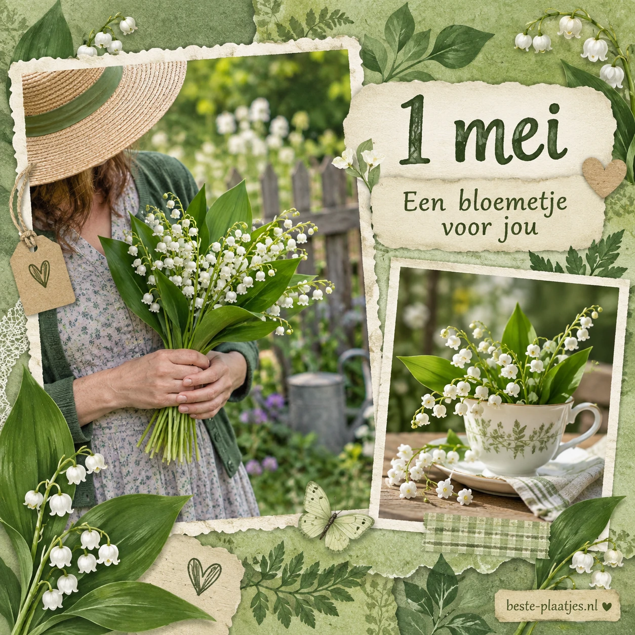 Een vrouw houdt meiklokjes vast in een groen albumcollage met een bloemige kop. Een vrouw houdt meiklokjes vast in een groen albumcollage met een bloemige kop.