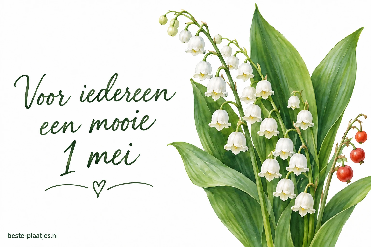 Een botanische aquarel van meiklokjes met enkele rode bessen staat op wit papier. Een botanische aquarel van meiklokjes met enkele rode bessen staat op wit papier.
