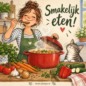 Kokende tekenfiguur met lepel en grote pan, omringd door groenten.