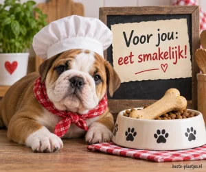 Een bulldogpuppy met koksmuts en rode sjaal, liggend naast een hondenvoerbak met een groot bot.