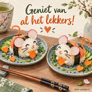 Twee borden met sushi in de vorm van twee vrolijke muisvormen, versierd met wortelhartjes en groene saus.