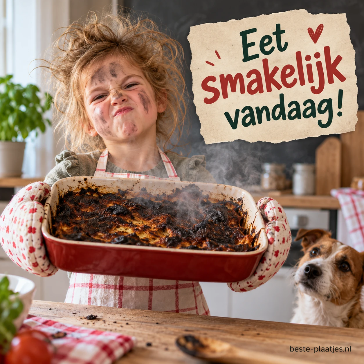 Een kind met vies gezicht en wild haar presenteert trots een aangebrande maaltijd met rook eromheen.