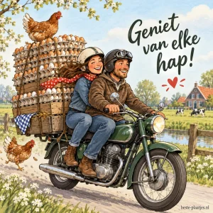 Een stel rijdt op een motor met een hoge stapel eierdozen en een kip bovenop.