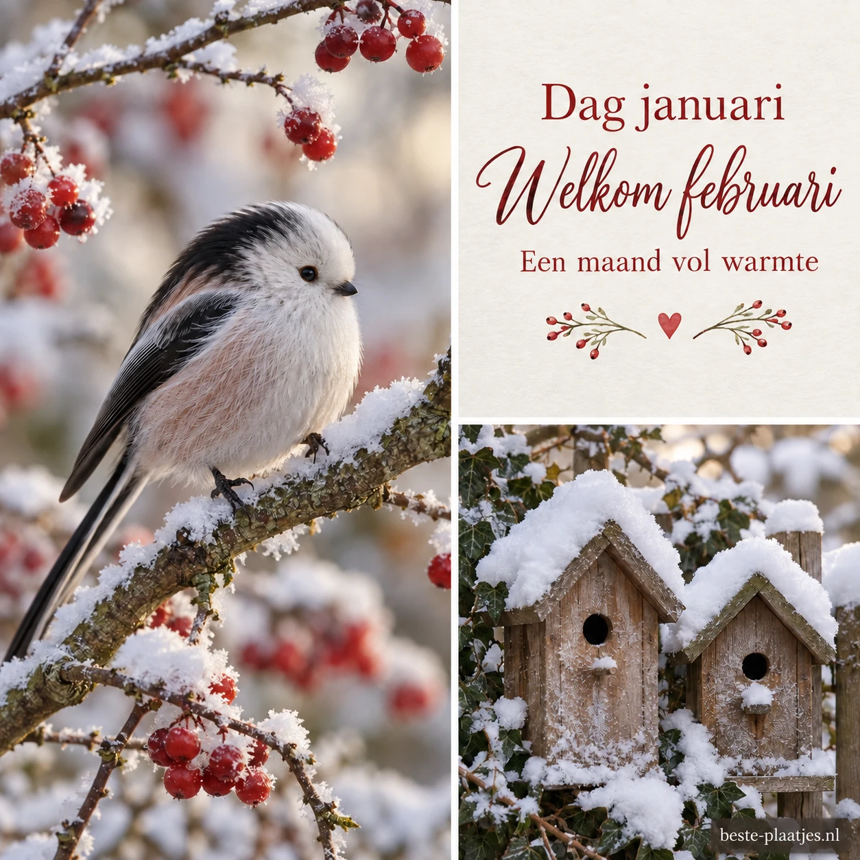 Een wintervogel en besneeuwde vogelhuisjes verwelkomen februari.