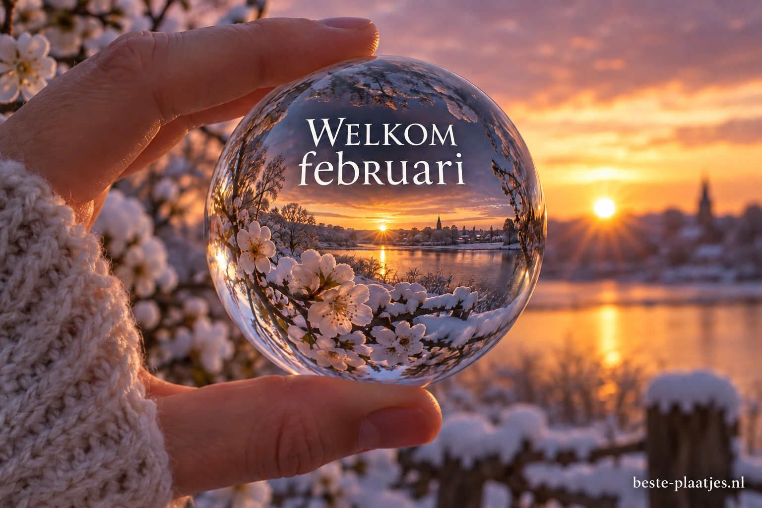 Een hand houdt een glazen bol met een winterse zonsondergang vast.