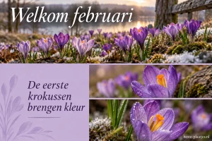 Een collage van paarse krokussen toont de eerste lentekleuren.