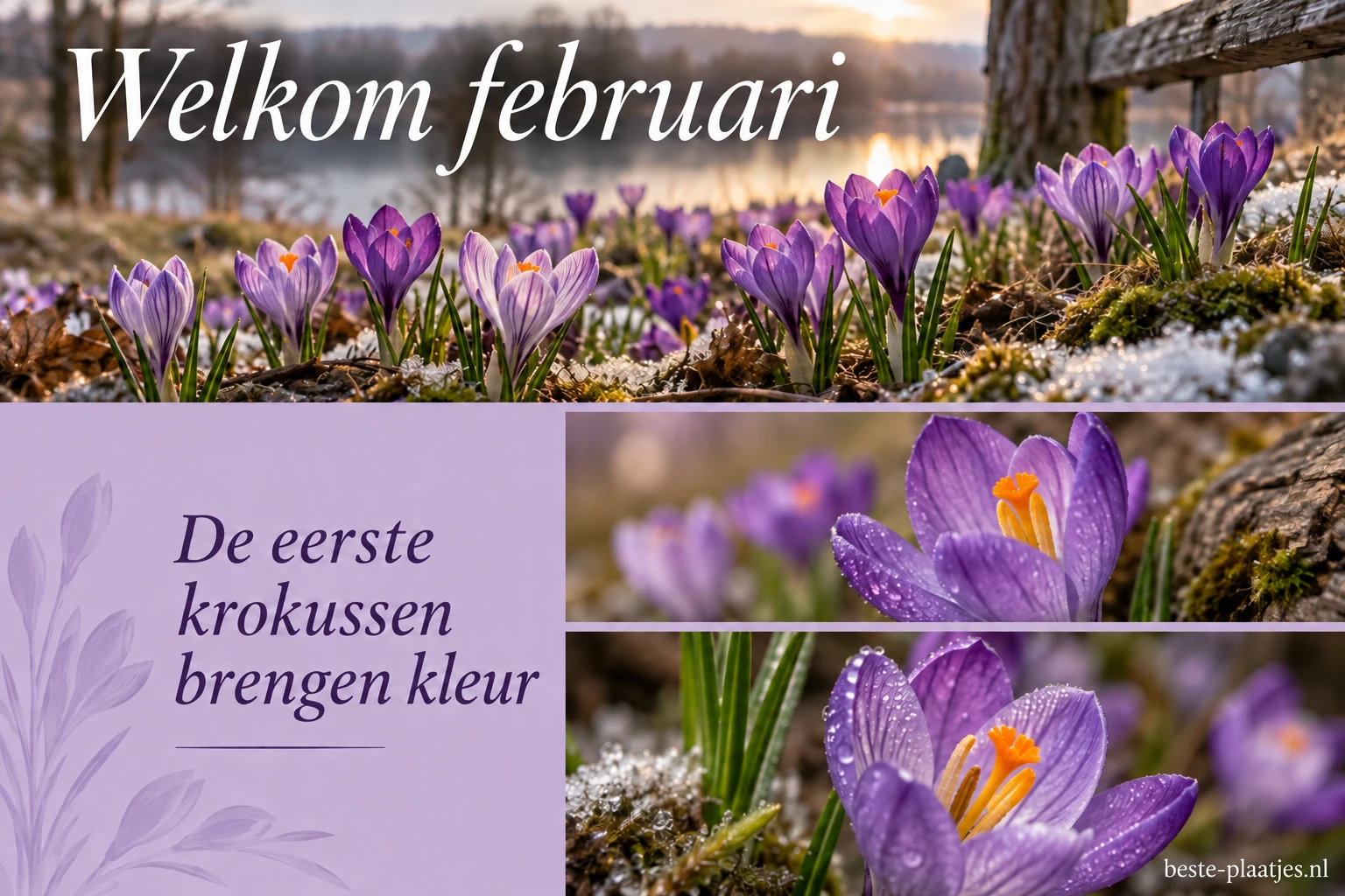 Een collage van paarse krokussen toont de eerste lentekleuren.