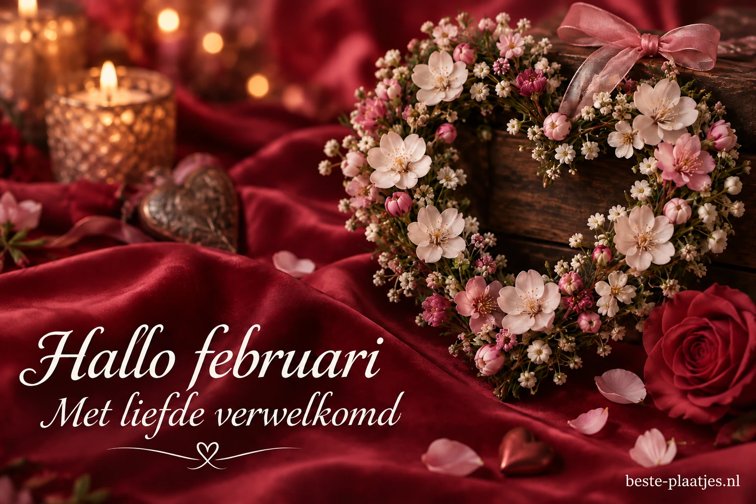 Een hart van rode en roze bloemen siert een warme bloemenkaart.