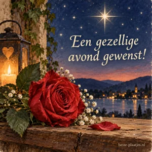 Rode roos met fonkelende sterren en een heldere ster erboven.